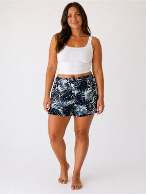 SPANX On-the-Go Tropical Palm Print Shorts XL Navy White Pull-On Travel Summer